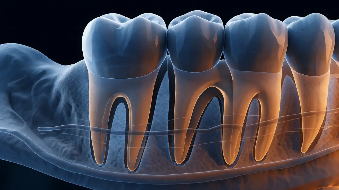 3D vizualizace retinovaného zubu moudrosti s komplexními kořeny v čelisti