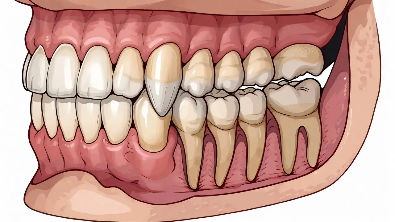 Anatomický řez čelistí se špičáky a dlouhými kořeny