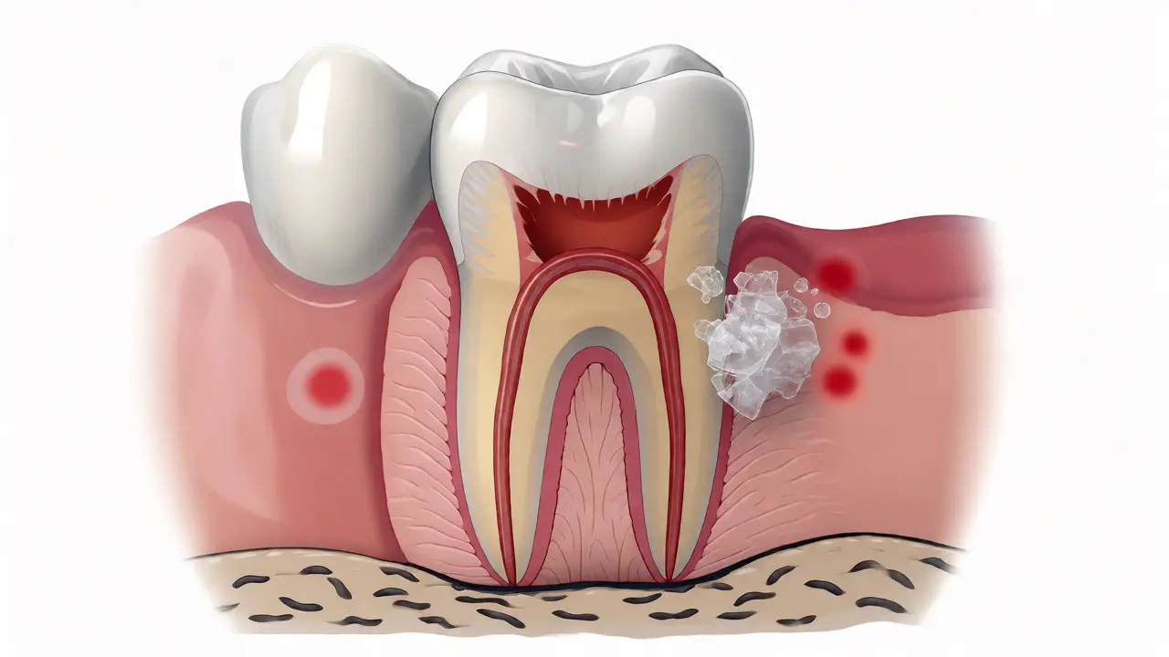 Anatomický řez předním zubem s odhaleným dentinem
