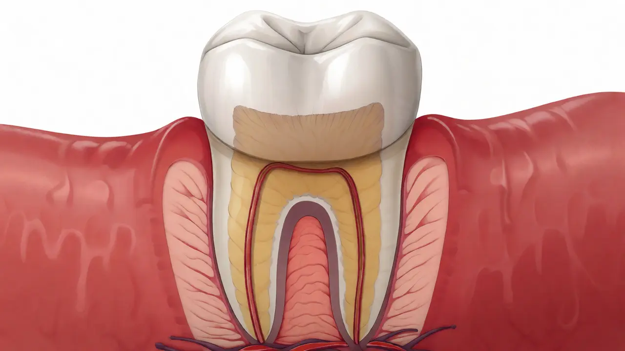 Anatomický řez zubem s odhaleným krčkem a zánětem dásní