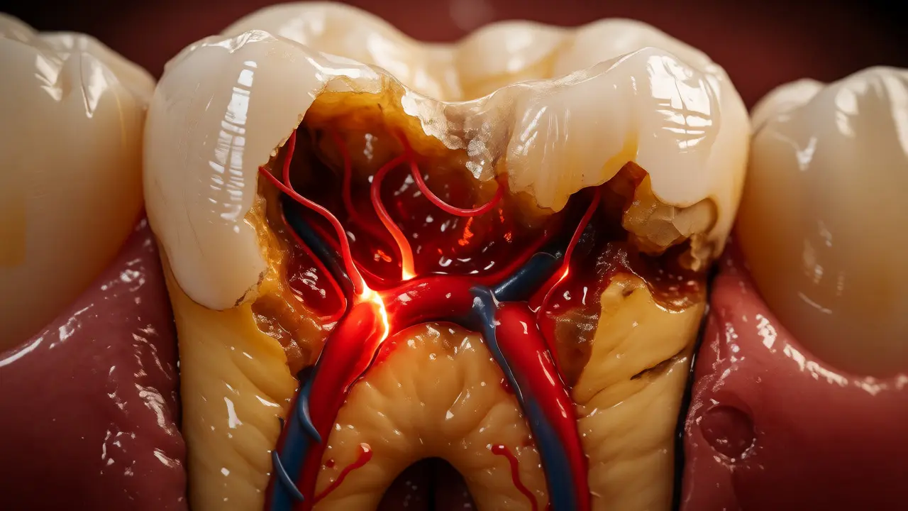 Anatomický řez zubem ukazující kaz pronikající do dentinu a zánět dřeně