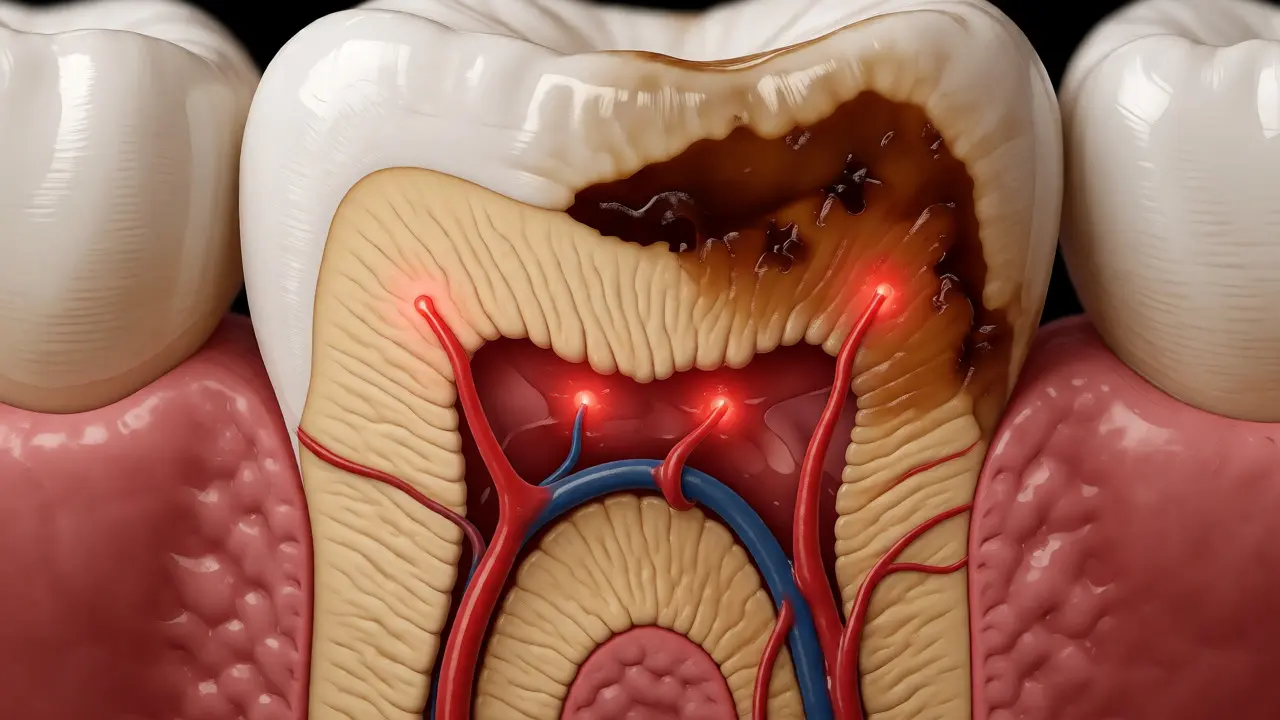 Anatomický řez zubem ukazující postup kazu do dentinu