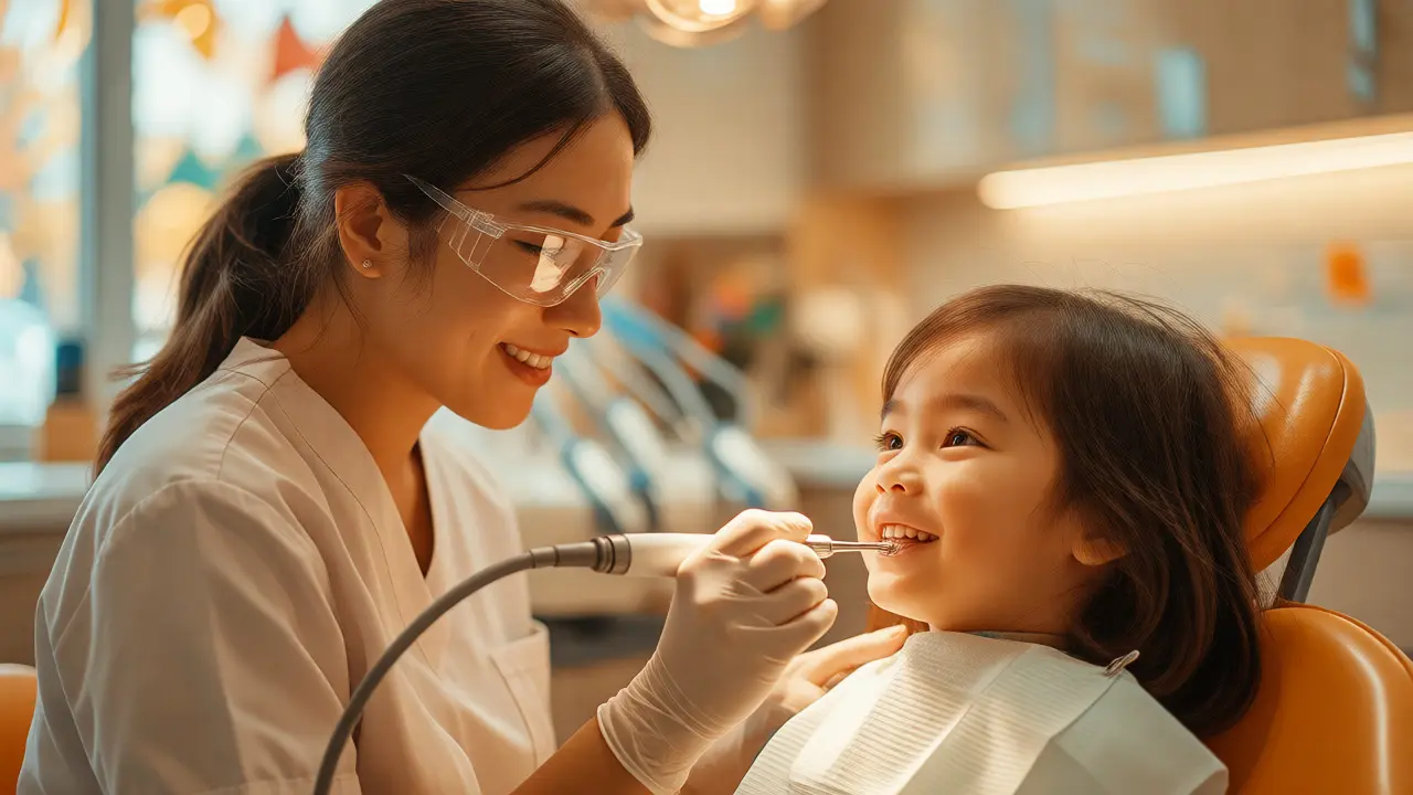 Dentální hygienistka čistí zuby dítěti v ordinaci