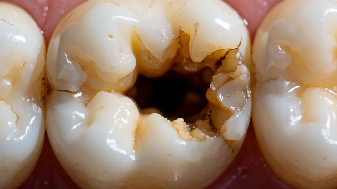 Detailní pohled na hluboký zubní kaz v dutině žvýkací plochy