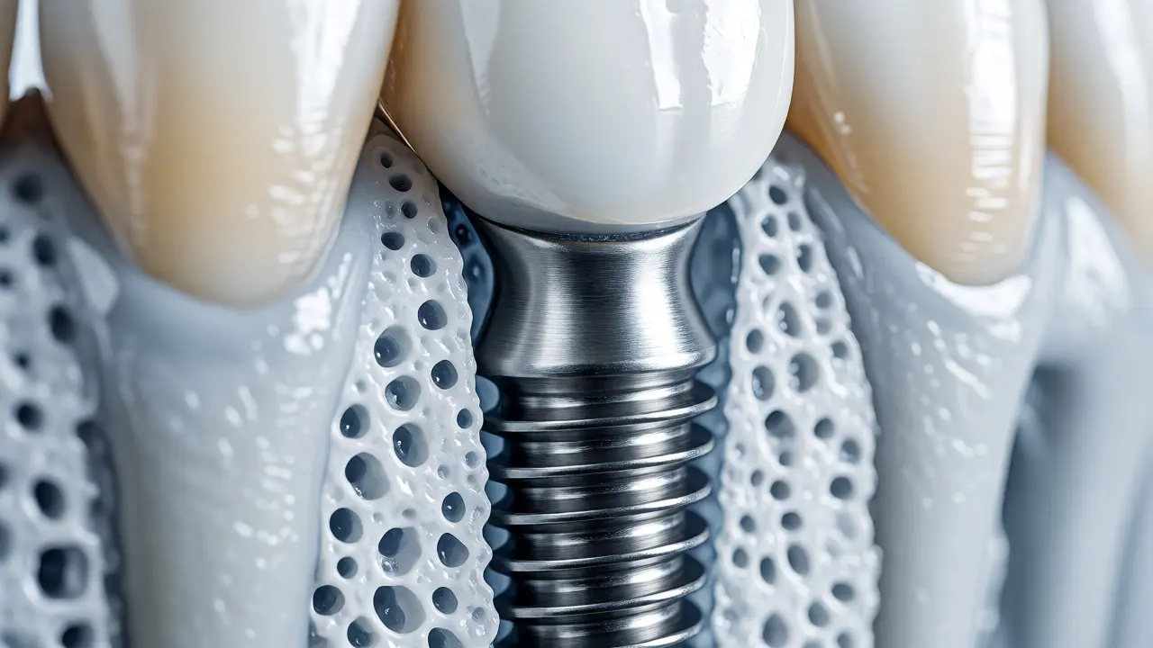 Detailní řez titanovým zubním implantátem zarostlým v kosti