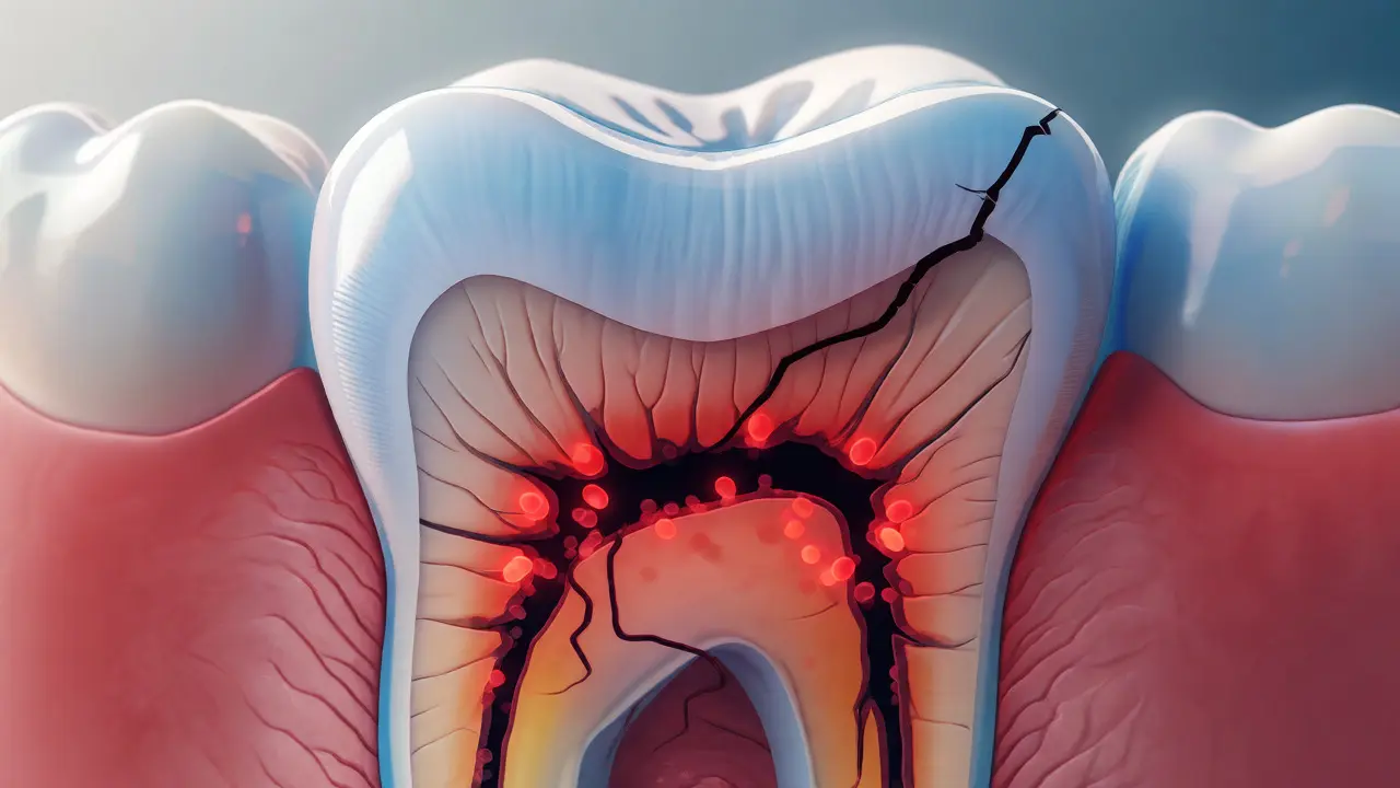 Ilustrace řezu zubem ukazující prasklinu pronikající do dentinu