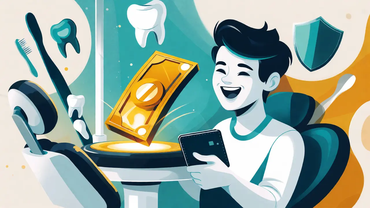 Ilustrace spokojeného klienta získávajícího finanční příspěvek na dentální hygienu.
