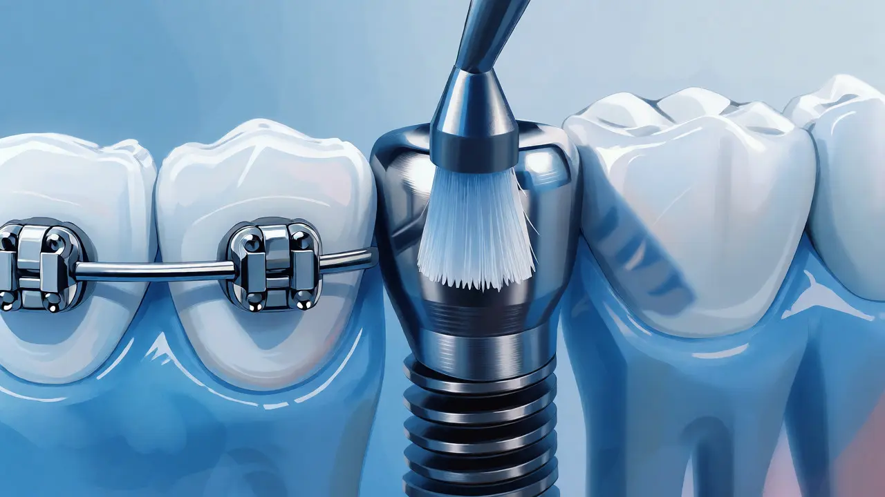 Mezizubní kartáček čištění kolem rovnátek a zubního implantátu
