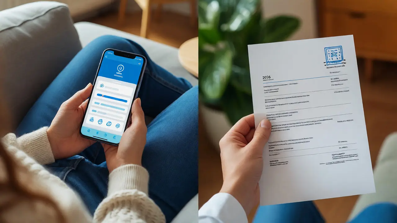 Osoba na gauči používá mobilní aplikaci pojišťovny pro vyřízení žádosti o příspěvek.