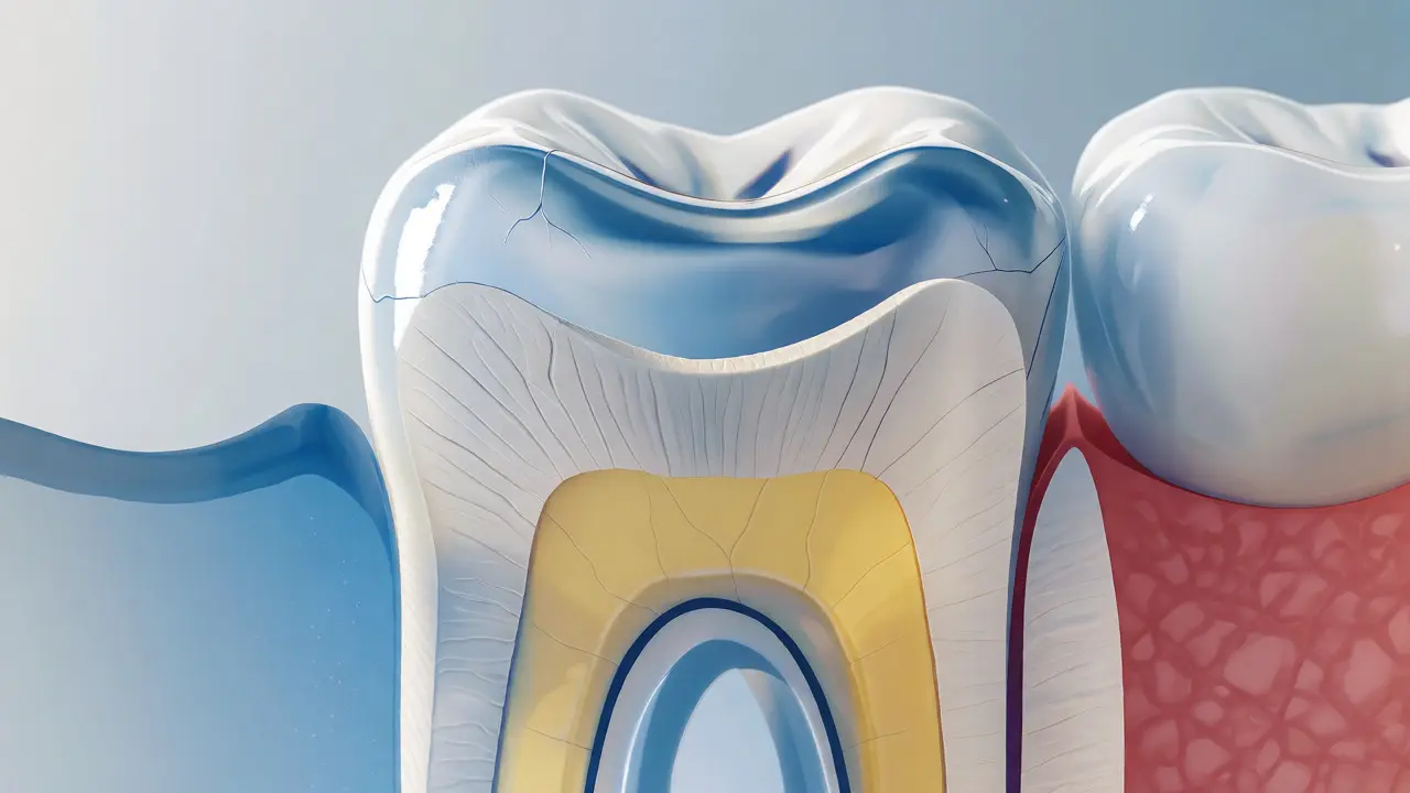Řez zubem ukazující tenčící se sklovinu a žlutý dentin.