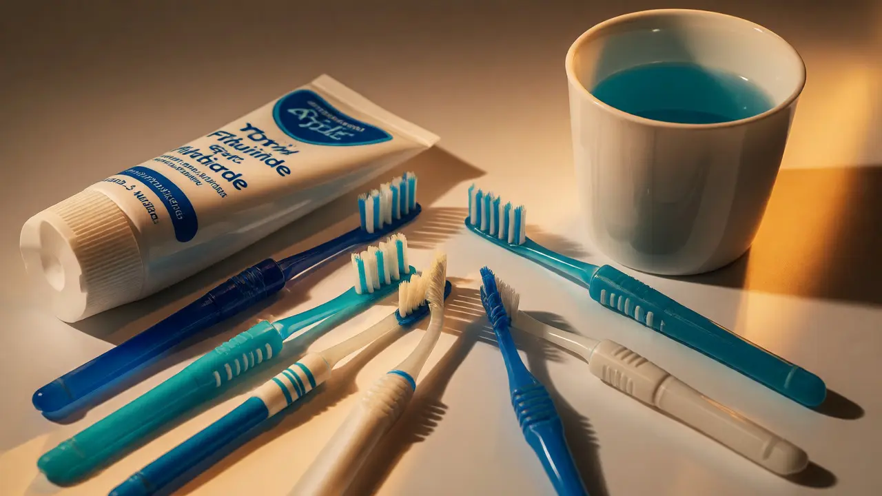 Sada mezizubních kartáčků různých velikostí spolu s fluoridovým gelem pro večerní hygienu.