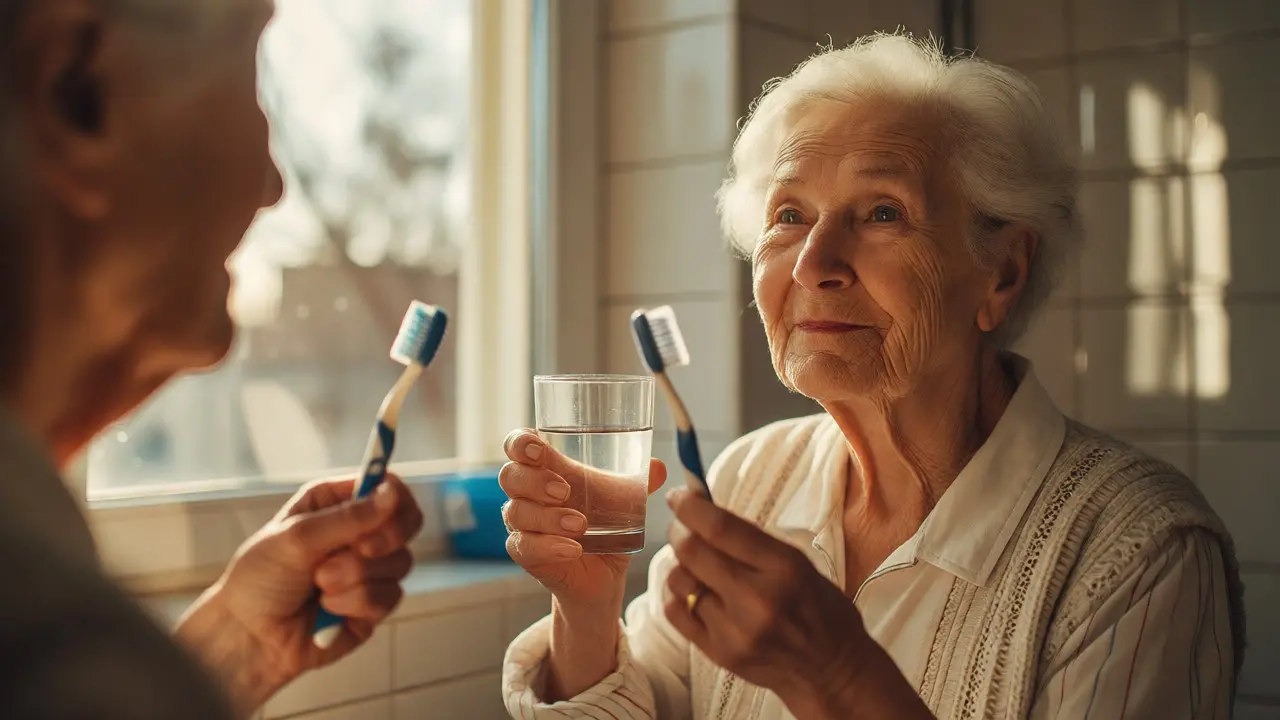 Senior pije vodu a čistí si zuby jako prevenci diabetických komplikací